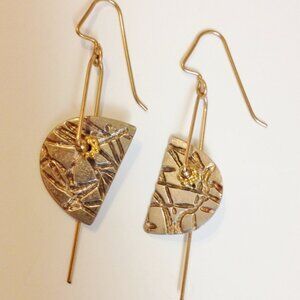 Sterling Silver Gold Wire Earrings Textured Disc Handmade Pierced Dangle